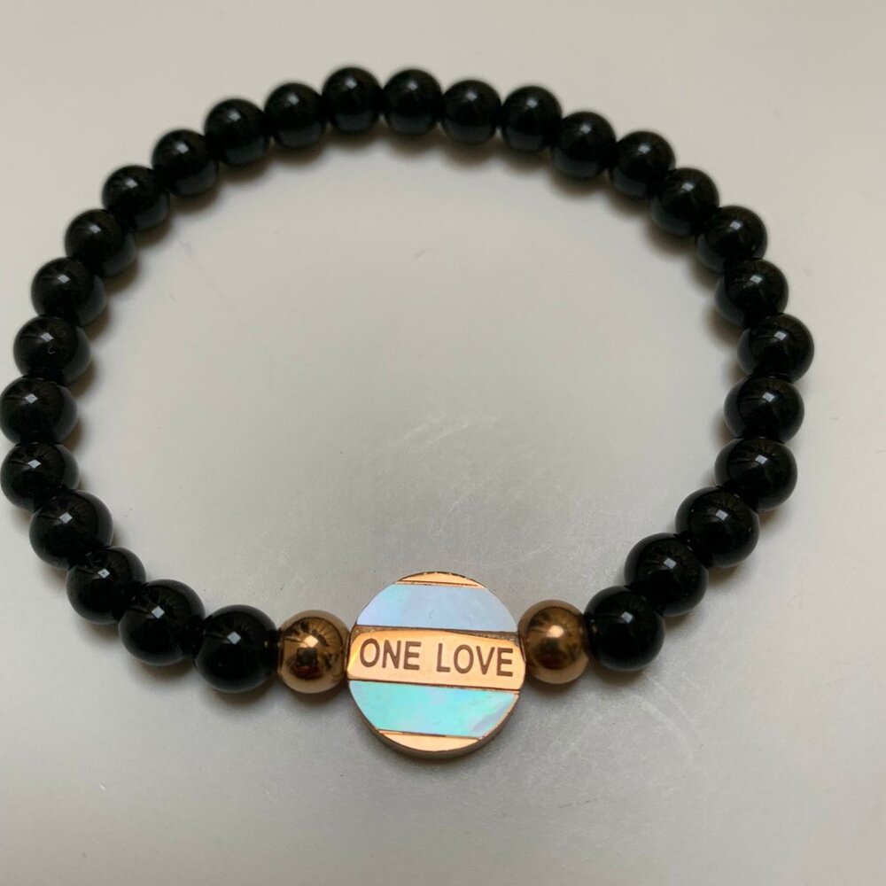 Black Bead Bracelet with Mother of Pearl accented Stainless Steel Charm